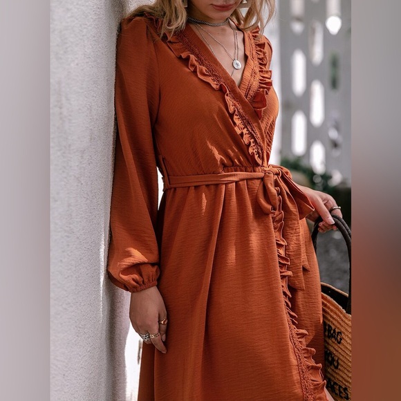 NEW SIMPLEE APPAREL Simplee Frill Trim Belted Wrap Hem Dress M - Picture 5 of 12